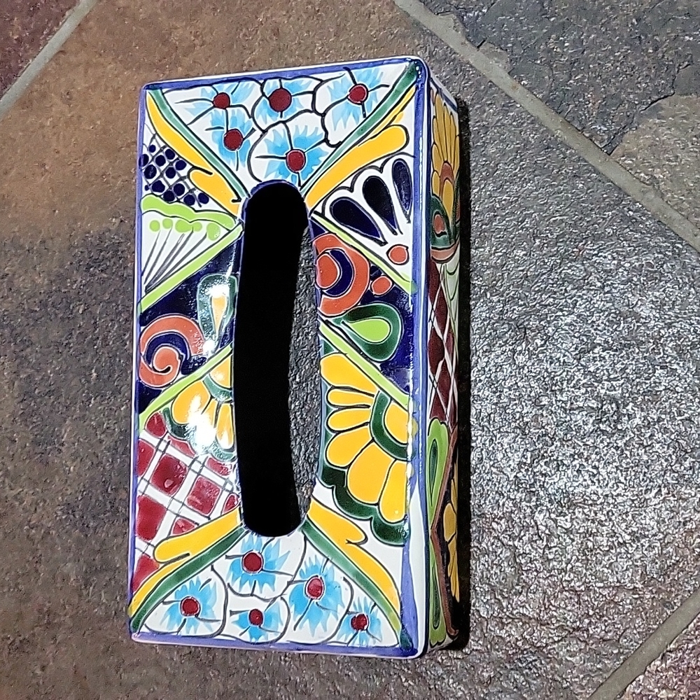 Talavera Signed Mexican Pottery Tissue Box  multi color theme